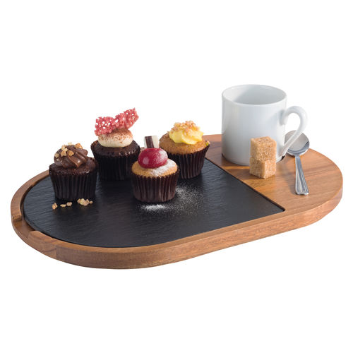 Acacia Wood Serving Board with Slate Tray inset 28 x 17.5cm - 814 (Pack of 1)