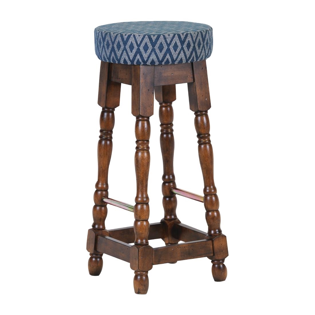 Classic Rubber Wood High Bar Stool with Blue Diamond Seat