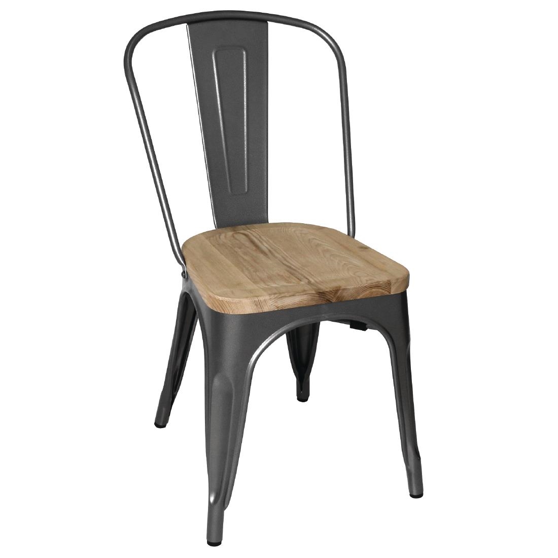 Bolero Bistro Side Chairs with Wooden Seat Pad Gun Metal (Pack of 4)